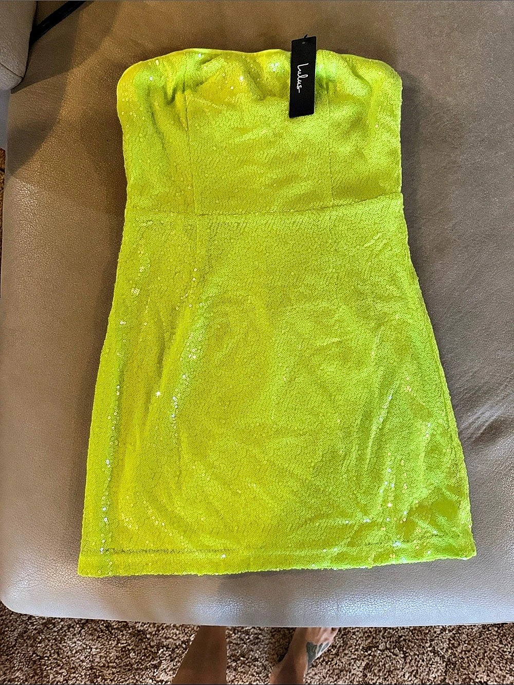 Lulus Unstoppable Glow Neon Yellow Sequin Strapless Mini Dress Mini Dress SZ S